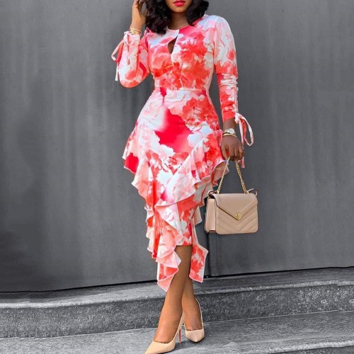 Round Neck Commuter Printed Ruffled Hip Dress - Red image