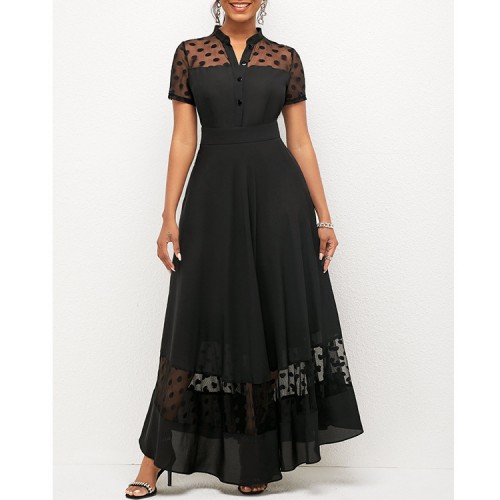 Chiffon Stitching Polka Dot Short Sleeve Dress - Black image