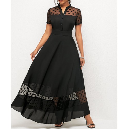 Chiffon Stitching Polka Dot Short Sleeve Dress - Black image