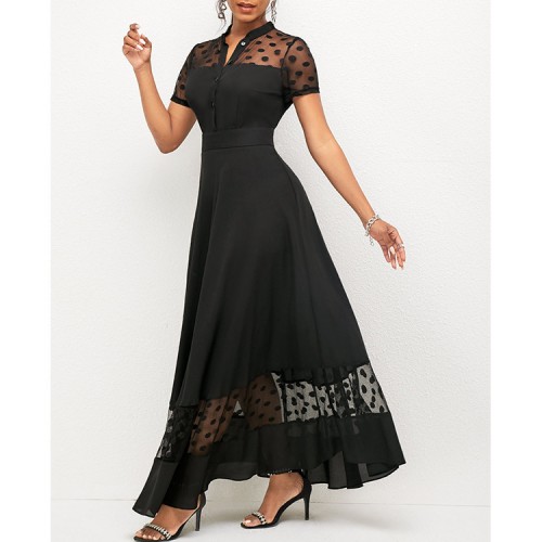 Chiffon Stitching Polka Dot Short Sleeve Dress - Black image