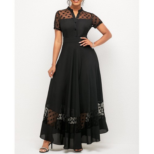 Chiffon Stitching Polka Dot Short Sleeve Dress - Black image