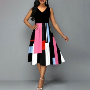 Multi Contrast V-Neck Sleeveless Casual Midi Dress - Black