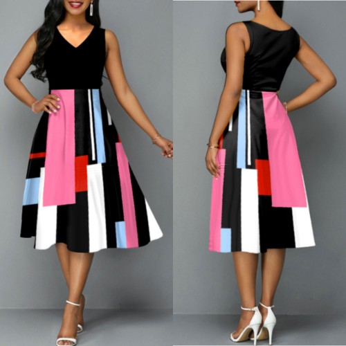 Multi Contrast V-Neck Sleeveless Casual Midi Dress - Black image