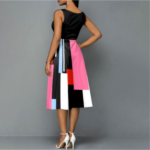 Multi Contrast V-Neck Sleeveless Casual Midi Dress - Black image