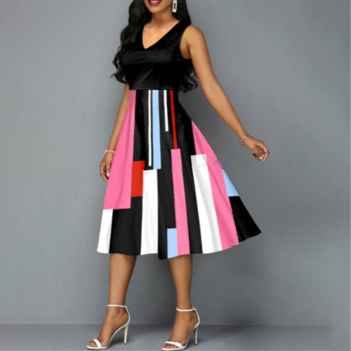 Multi Contrast V-Neck Sleeveless Casual Midi Dress - Black image