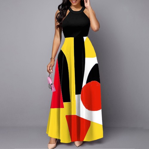 Elegant Style Printed O Neck Sleeveless Maxi Dress - Black image