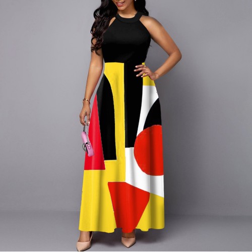 Elegant Style Printed O Neck Sleeveless Maxi Dress - Black image