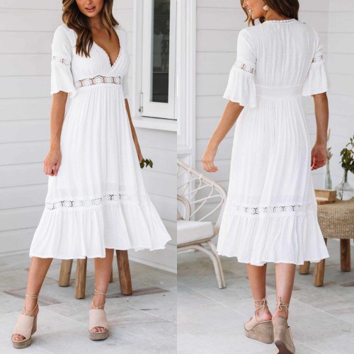 Sexy Chiffon Trumpet Sleeves V-Neck Casual Midi Dress - White image