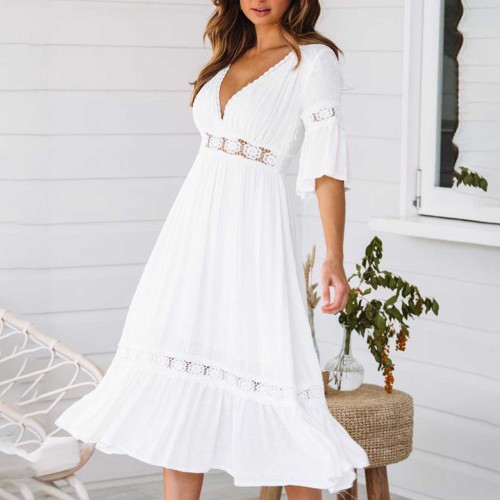 Sexy Chiffon Trumpet Sleeves V-Neck Casual Midi Dress - White image