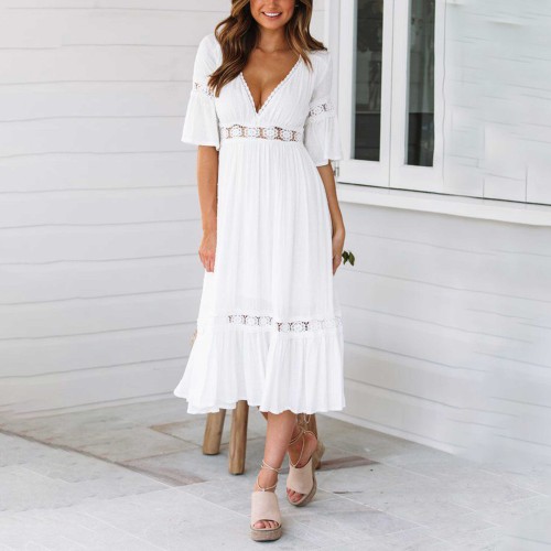 Sexy Chiffon Trumpet Sleeves V-Neck Casual Midi Dress - White image