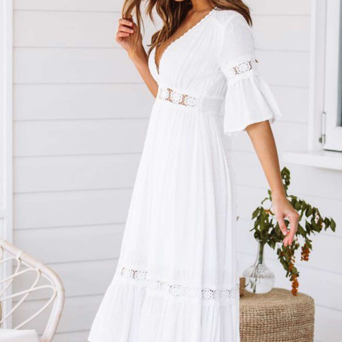 Sexy Chiffon Trumpet Sleeves V-Neck Casual Midi Dress - White image