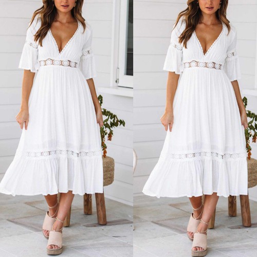 Sexy Chiffon Trumpet Sleeves V-Neck Casual Midi Dress - White image