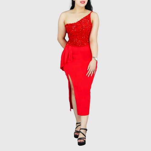 One Shoulder Sleeveless Stitching Sequin Dress - Red image