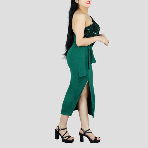 One Shoulder Sleeveless Stitching Sequin Dress - Green image