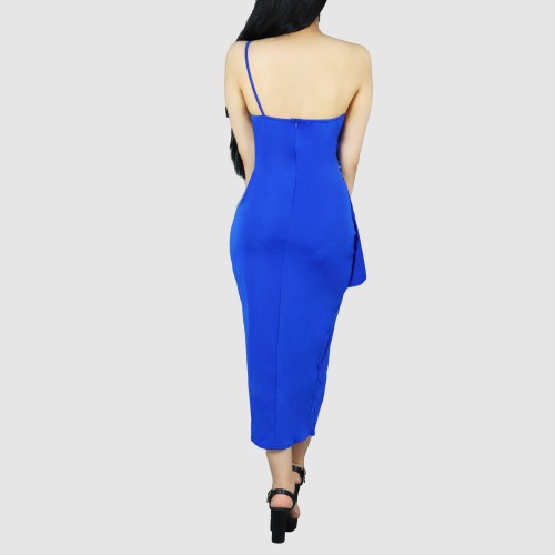 One Shoulder Sleeveless Stitching Sequin Dress - Blue image