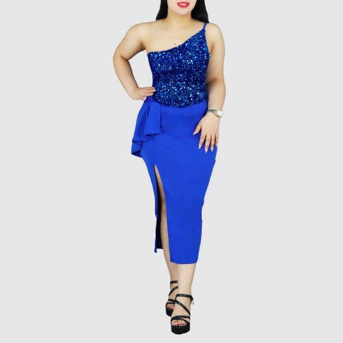 One Shoulder Sleeveless Stitching Sequin Dress - Blue image