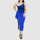 One Shoulder Sleeveless Stitching Sequin Dress - Blue image