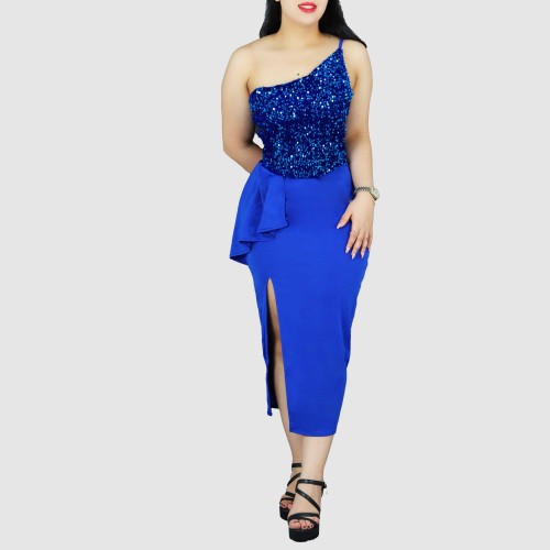 One Shoulder Sleeveless Stitching Sequin Dress - Blue image