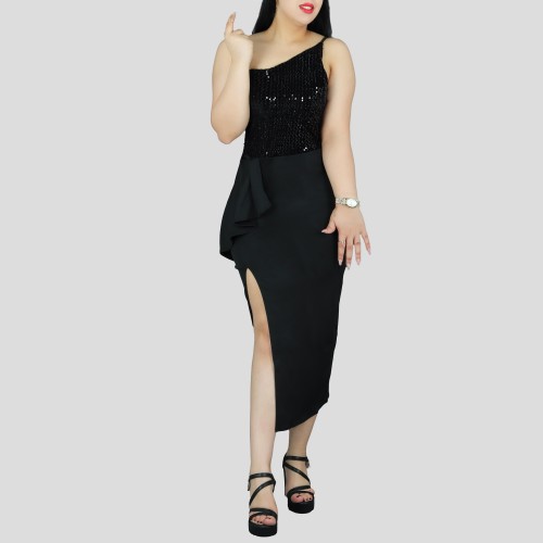 One Shoulder Sleeveless Stitching Sequin Dress - Black image