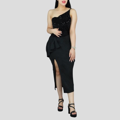 One Shoulder Sleeveless Stitching Sequin Dress - Black image