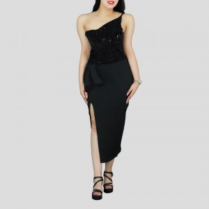 One Shoulder Sleeveless Stitching Sequin Dress - Black