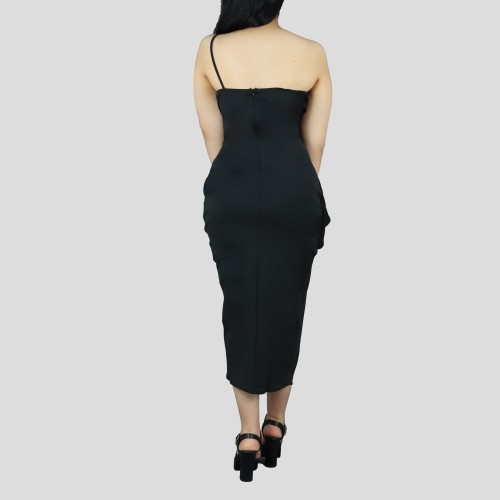One Shoulder Sleeveless Stitching Sequin Dress - Black image