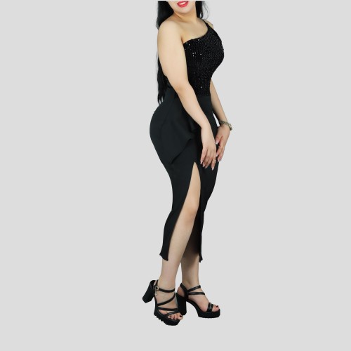 One Shoulder Sleeveless Stitching Sequin Dress - Black image