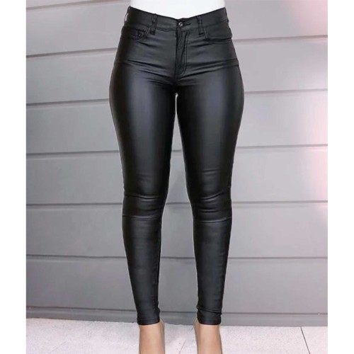 Casual Style High Waist PU Leather Pencil Pants - Black image