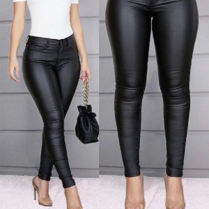 Casual Style High Waist PU Leather Pencil Pants - Black