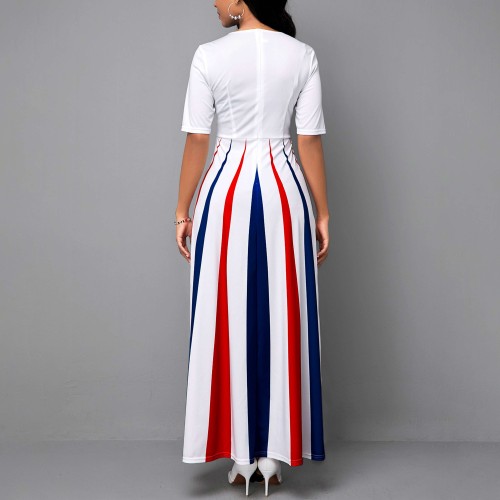Multi Strips Printed Short Sleeve Long Swing Maxi Dress - White image