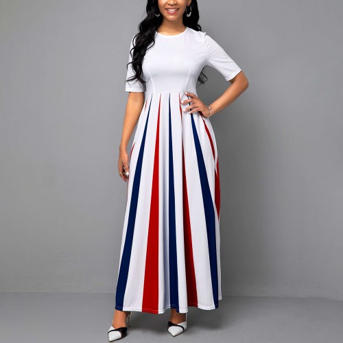 Multi Strips Printed Short Sleeve Long Swing Maxi Dress - White image