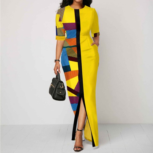 Contrast Geometric Printed Retro Body-con Maxi Dress - Yellow image