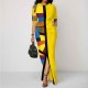 Contrast Geometric Printed Retro Body-con Maxi Dress - Yellow image