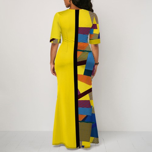 Contrast Geometric Printed Retro Body-con Maxi Dress - Yellow image