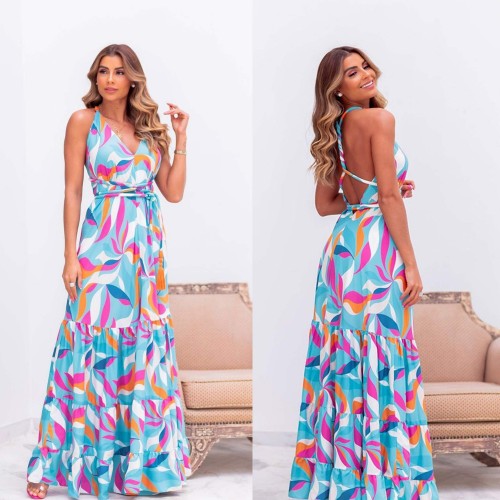 Cross-Border Slim Waist Floral Printed Backless Maxi Dress - Blue image