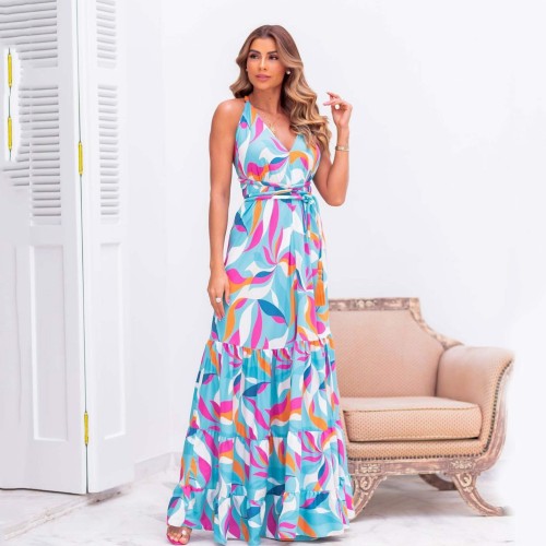 Cross-Border Slim Waist Floral Printed Backless Maxi Dress - Blue image