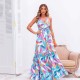 Cross-Border Slim Waist Floral Printed Backless Maxi Dress - Blue image