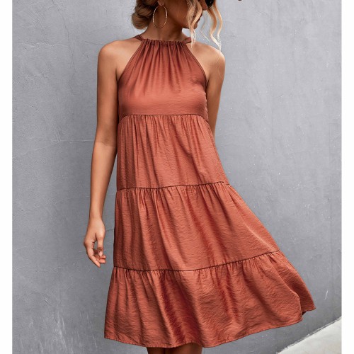 Knee Length Halter Neck Stitched Dress - Red image