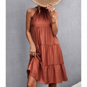 Knee Length Halter Neck Stitched Dress - Red
