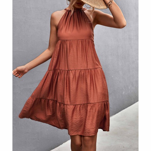 Knee Length Halter Neck Stitched Dress - Red image