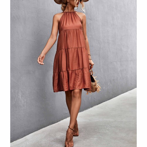 Knee Length Halter Neck Stitched Dress - Red image