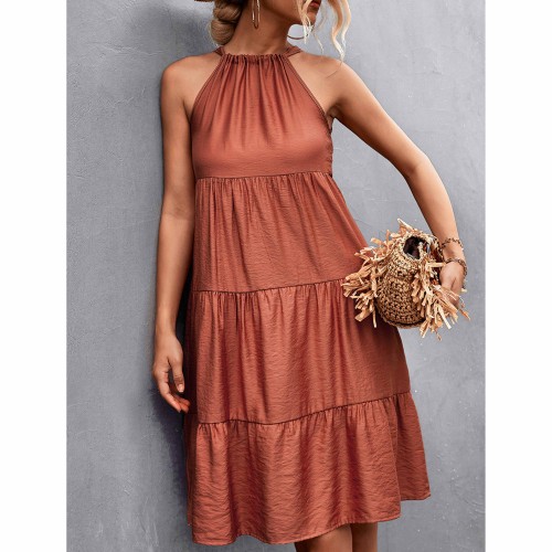 Knee Length Halter Neck Stitched Dress - Red image