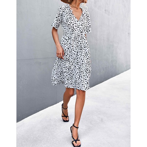 Sexy V-Neck Polka Cross Border Ruffled Dress - White image