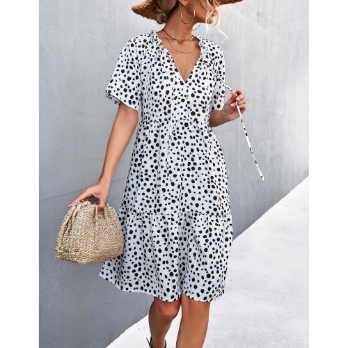 Sexy V-Neck Polka Cross Border Ruffled Dress - White image