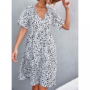 Sexy V-Neck Polka Cross Border Ruffled Dress  - White