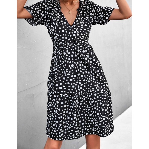 Sexy V-Neck Polka Cross Border Ruffled Dress  - Black image