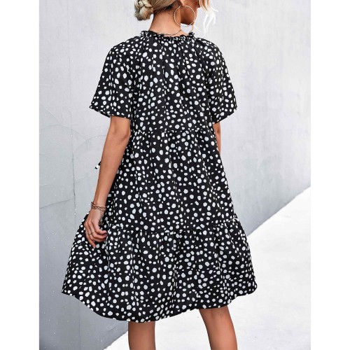 Sexy V-Neck Polka Cross Border Ruffled Dress  - Black image