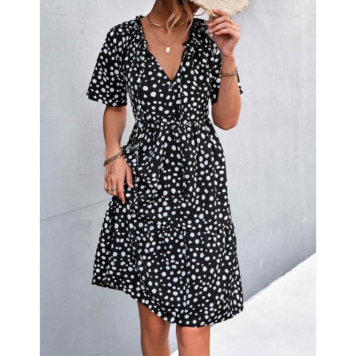 Sexy V-Neck Polka Cross Border Ruffled Dress  - Black image