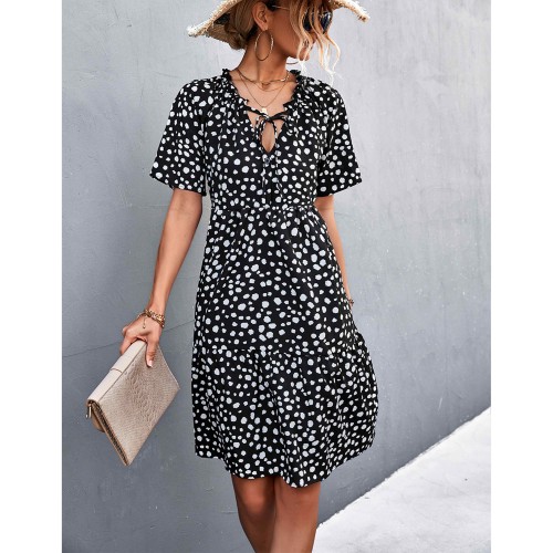 Sexy V-Neck Polka Cross Border Ruffled Dress  - Black image