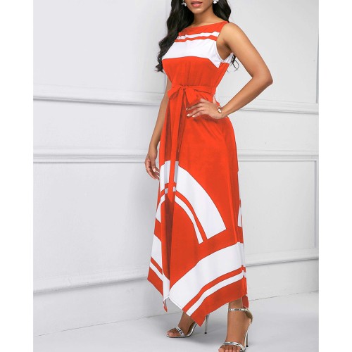Printed Asymmetric Hem Sleeveless Maxi Dress - Red image